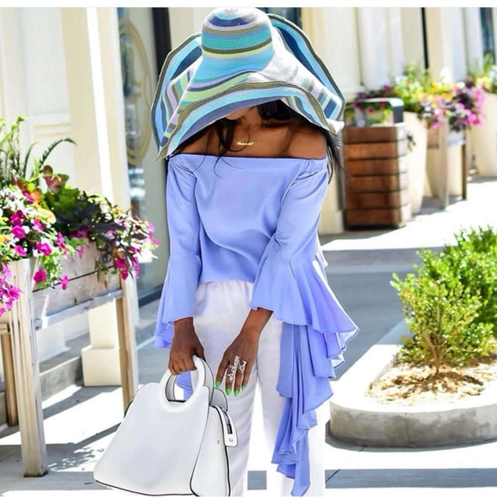 YAS Blue Off-Shoulder Top with Ruffle details. Worn once